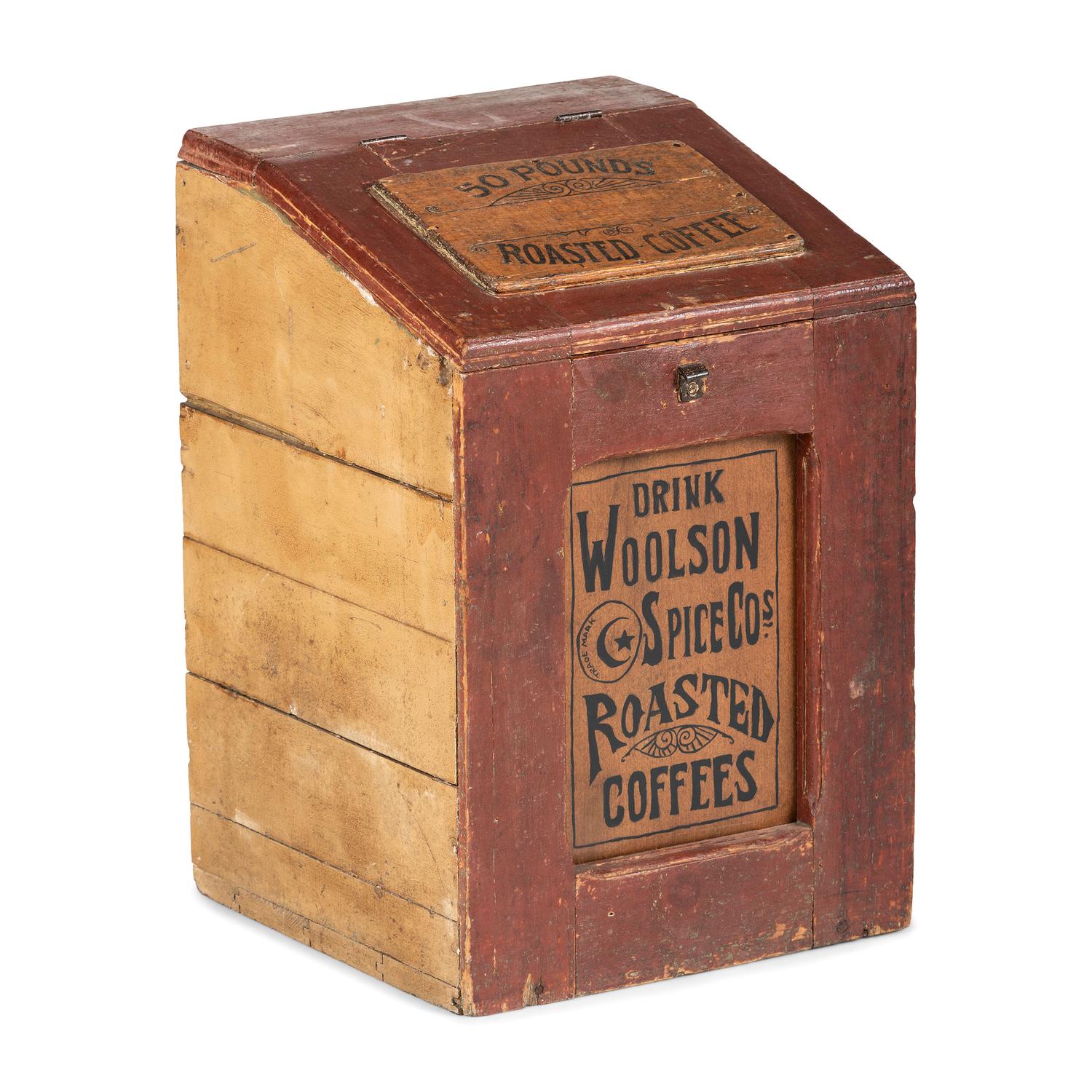 A Woolson Spice Co. Stenciled Wood Coffee Bin