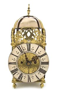 A English Brass Lantern Clock, Nich. Keymer, Height 15 1/2 inches.
