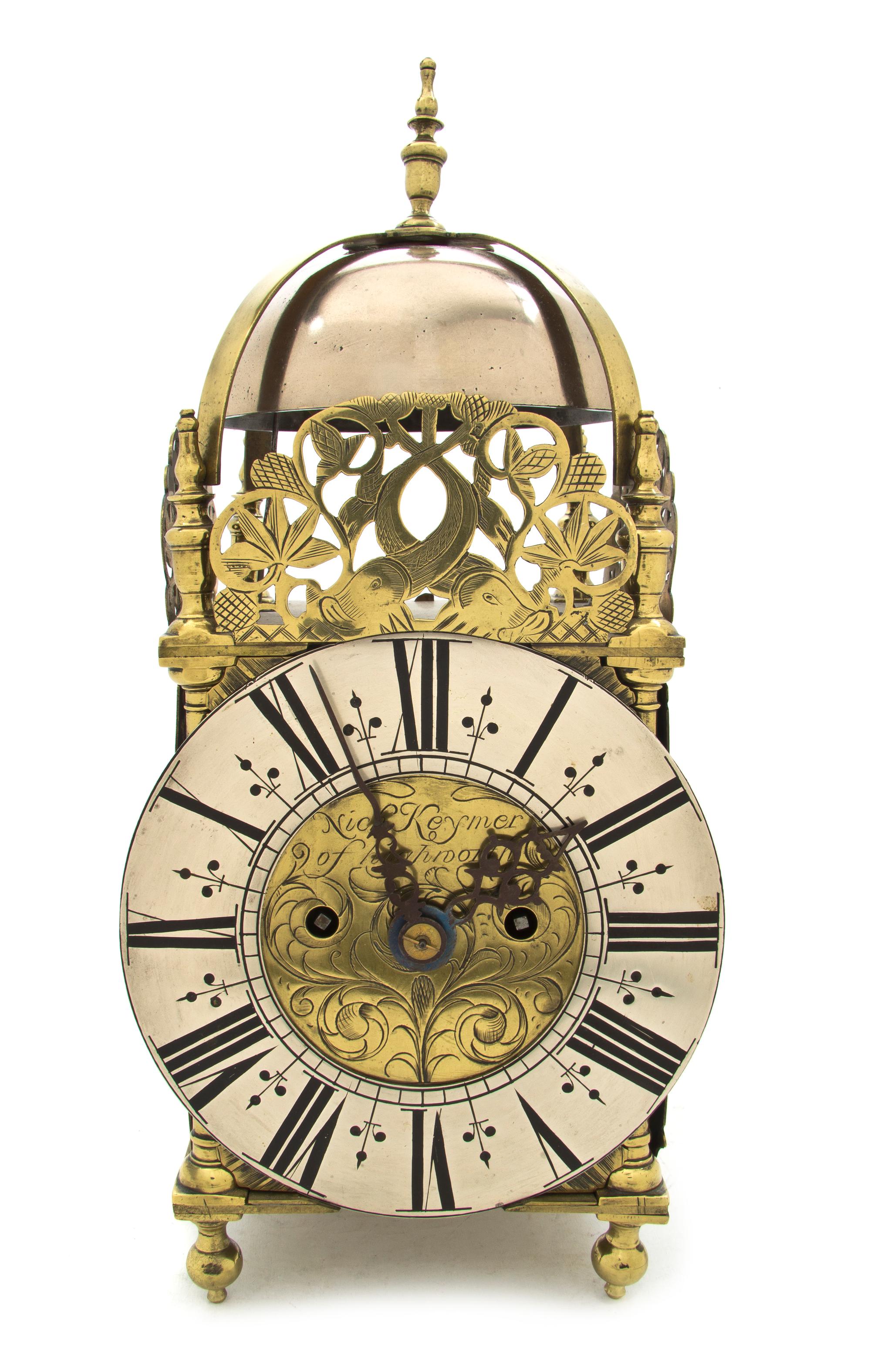 A English Brass Lantern Clock, Nich. Keymer, Height 15 1/2 inches.