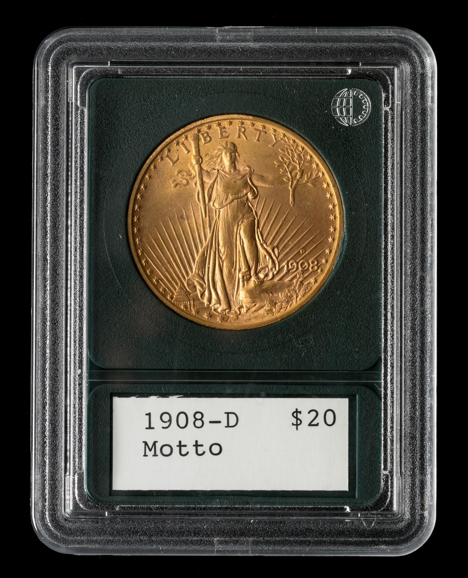 A United States 1908-D St. Gaudens: Motto $20 Gold Coin