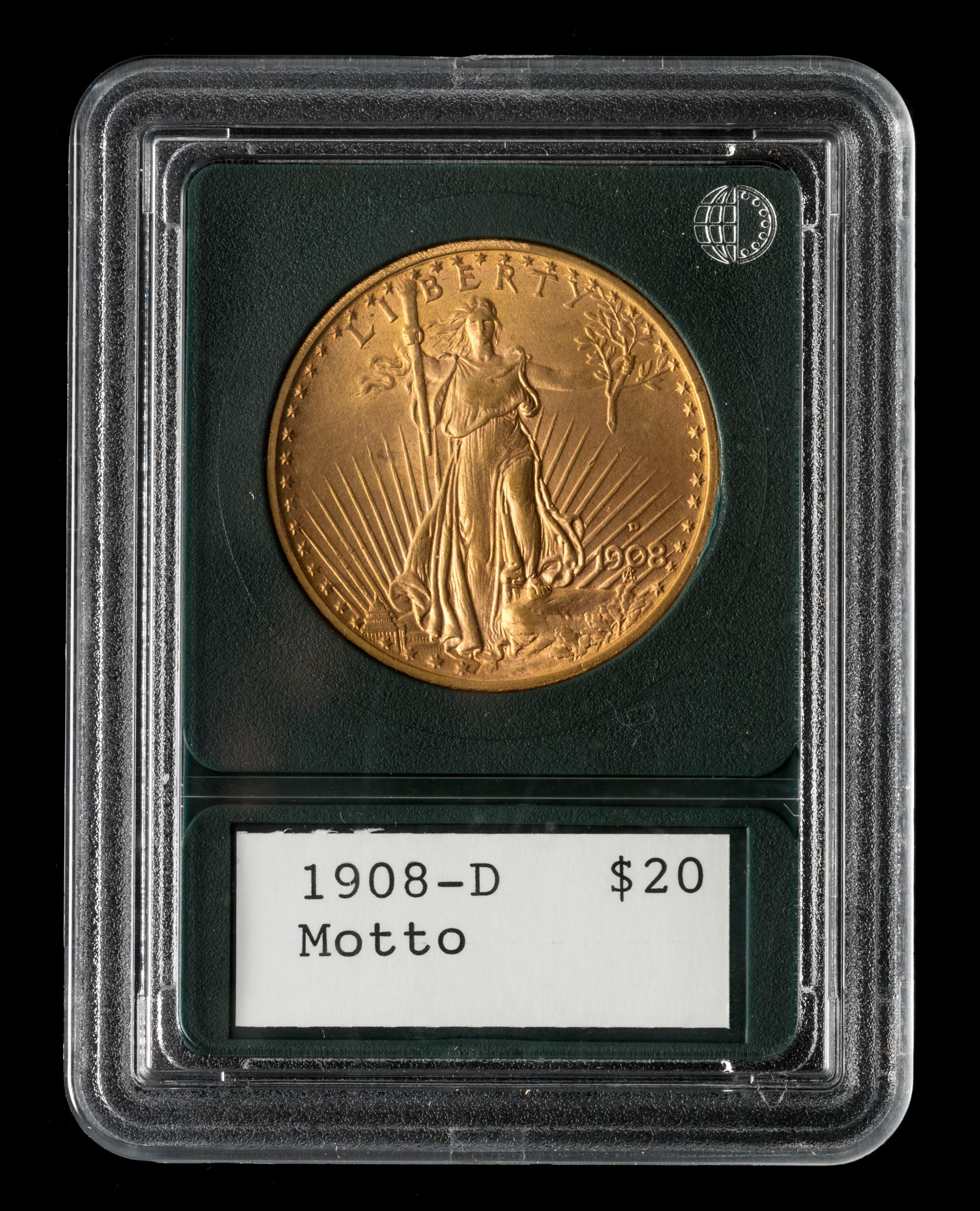 A United States 1908-D St. Gaudens: Motto $20 Gold Coin