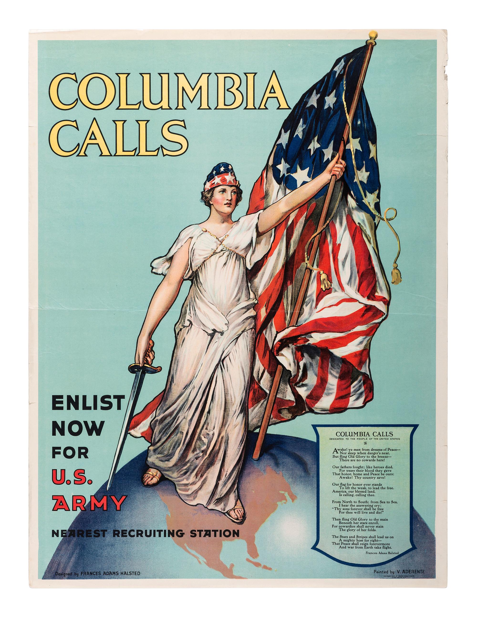 [WORLD WAR I]. ADERENTE, Vincent, artist. Columbia Calls / Enlist Now for the U. S. Army / Nearest Recruiting Station. New York: 1916.