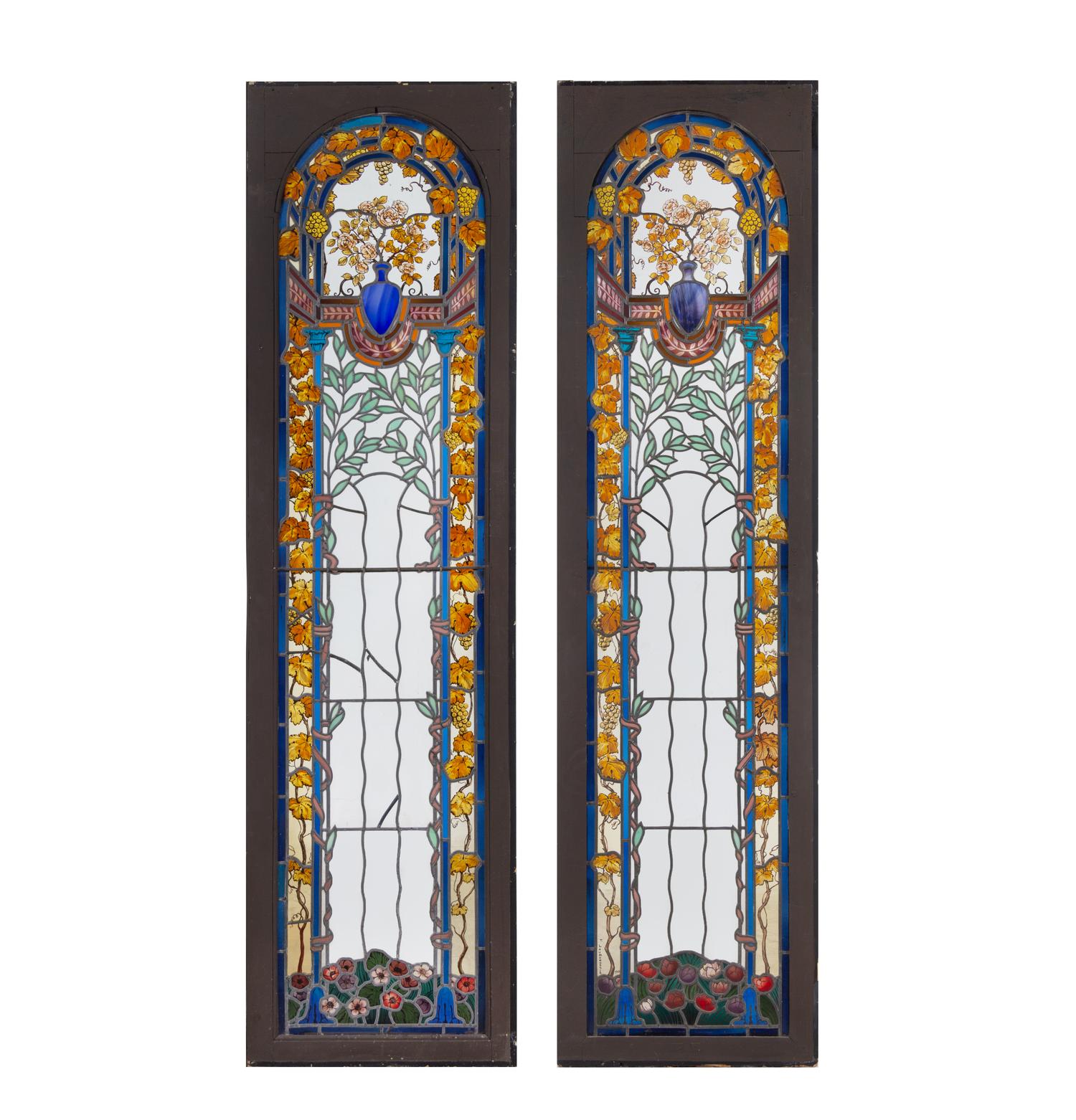 A Pair of French Leaded and Stained Glass Windows by Théophile-Hippolyte Laumonnerie (French, 1863-1924)