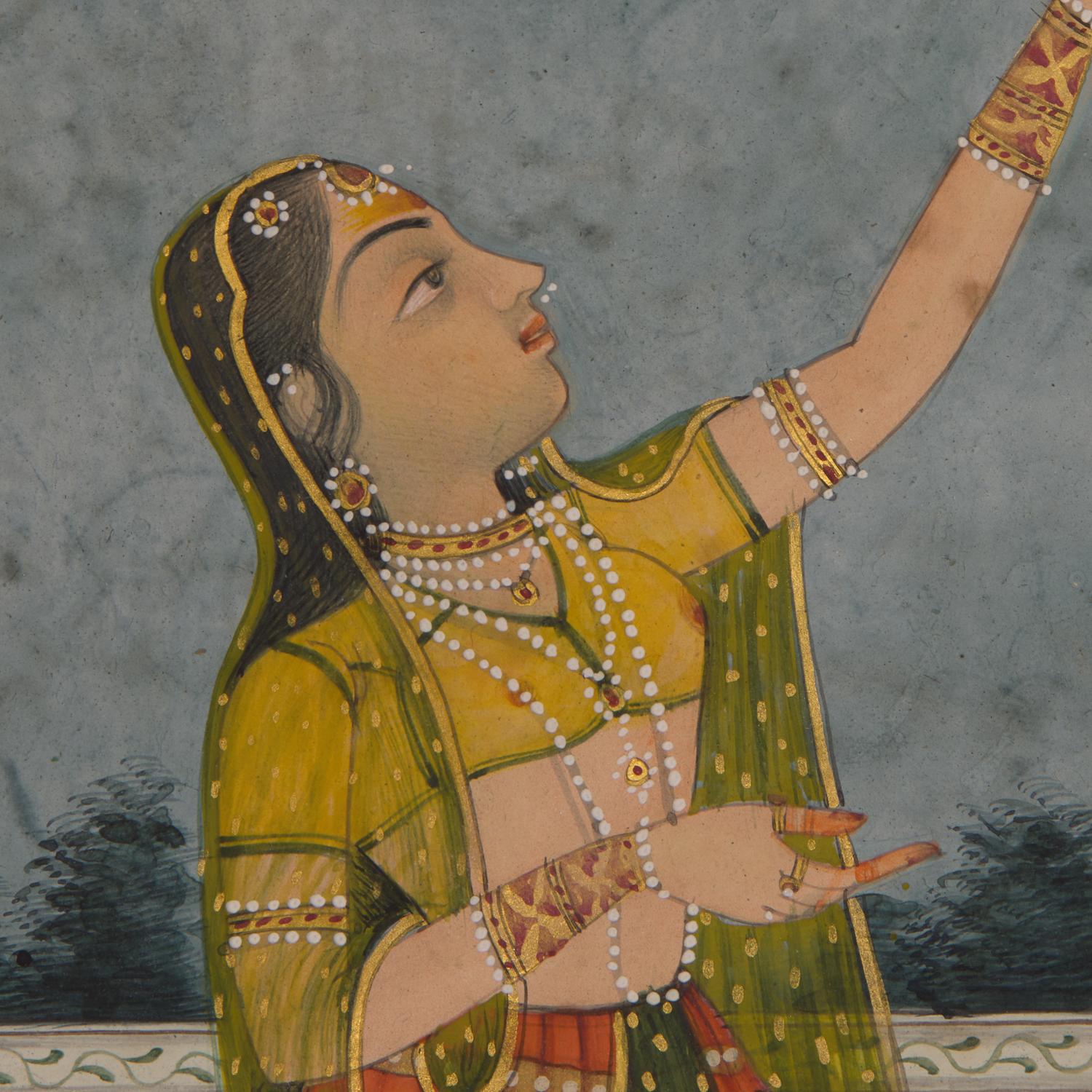 A Very Fine Mughal Miniature Folio: A Ragamala Painting Illustrating a Ragini Scene from the Karwa Chauth Ritual, 19th Century