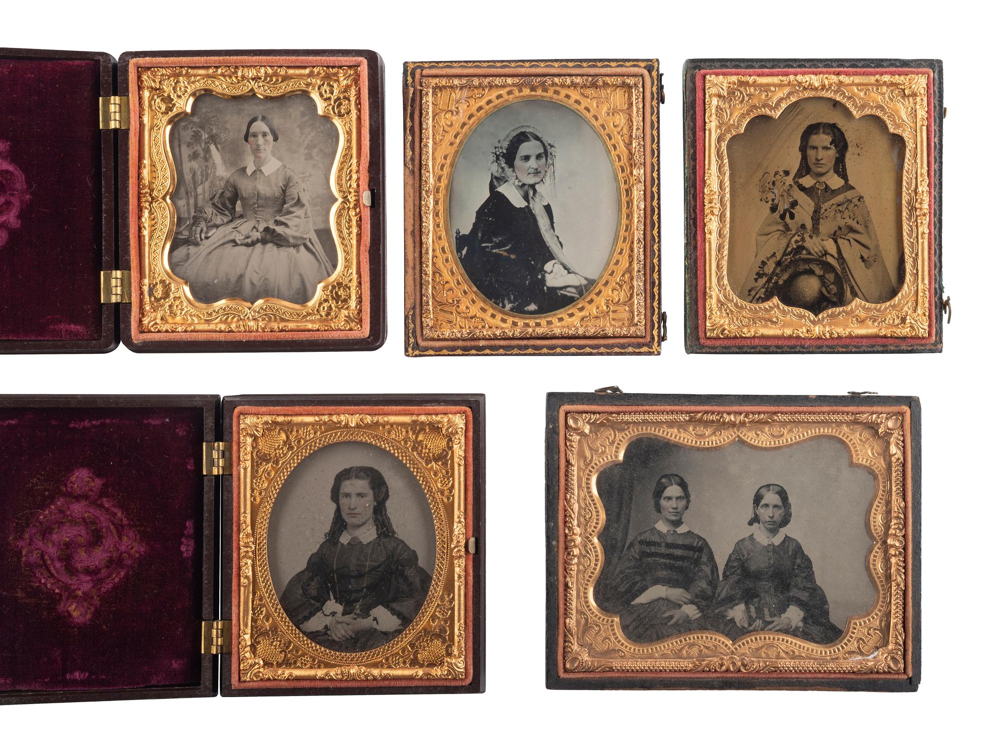 [EARLY PHOTOGRAPHY]. A group of 20 assorted portraits of women of varying ages, highlighted by half plate daguerreotype of two women, possibly sisters.