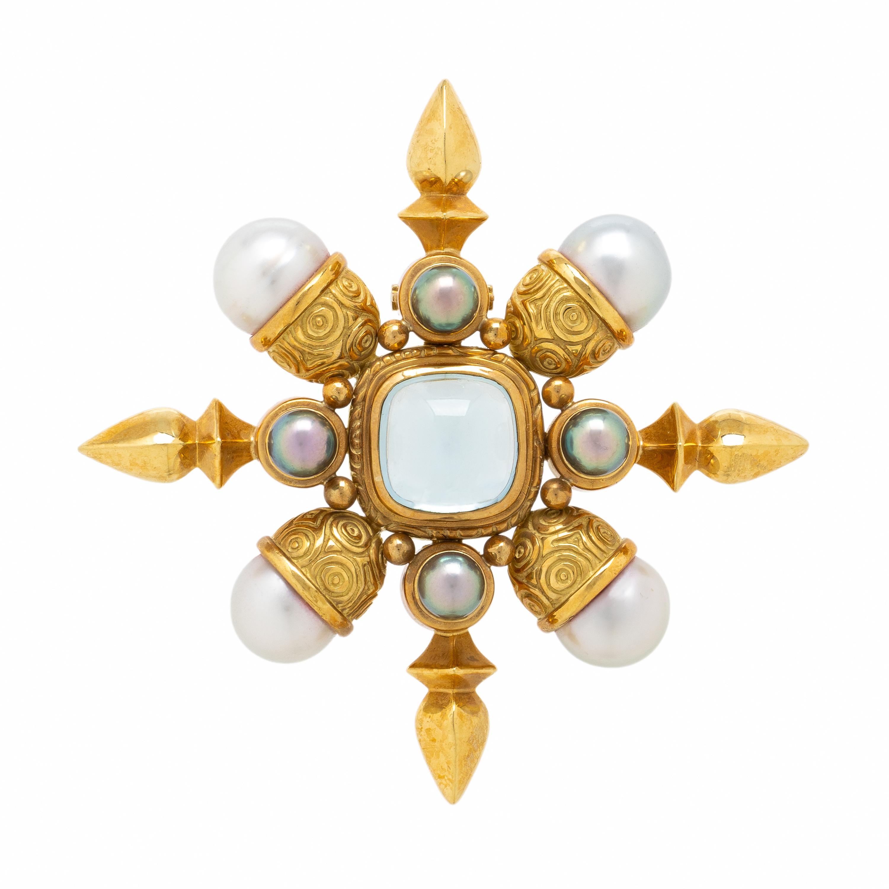 Aquamarine, Cultured Pearl, and Yellow Gold Brooch