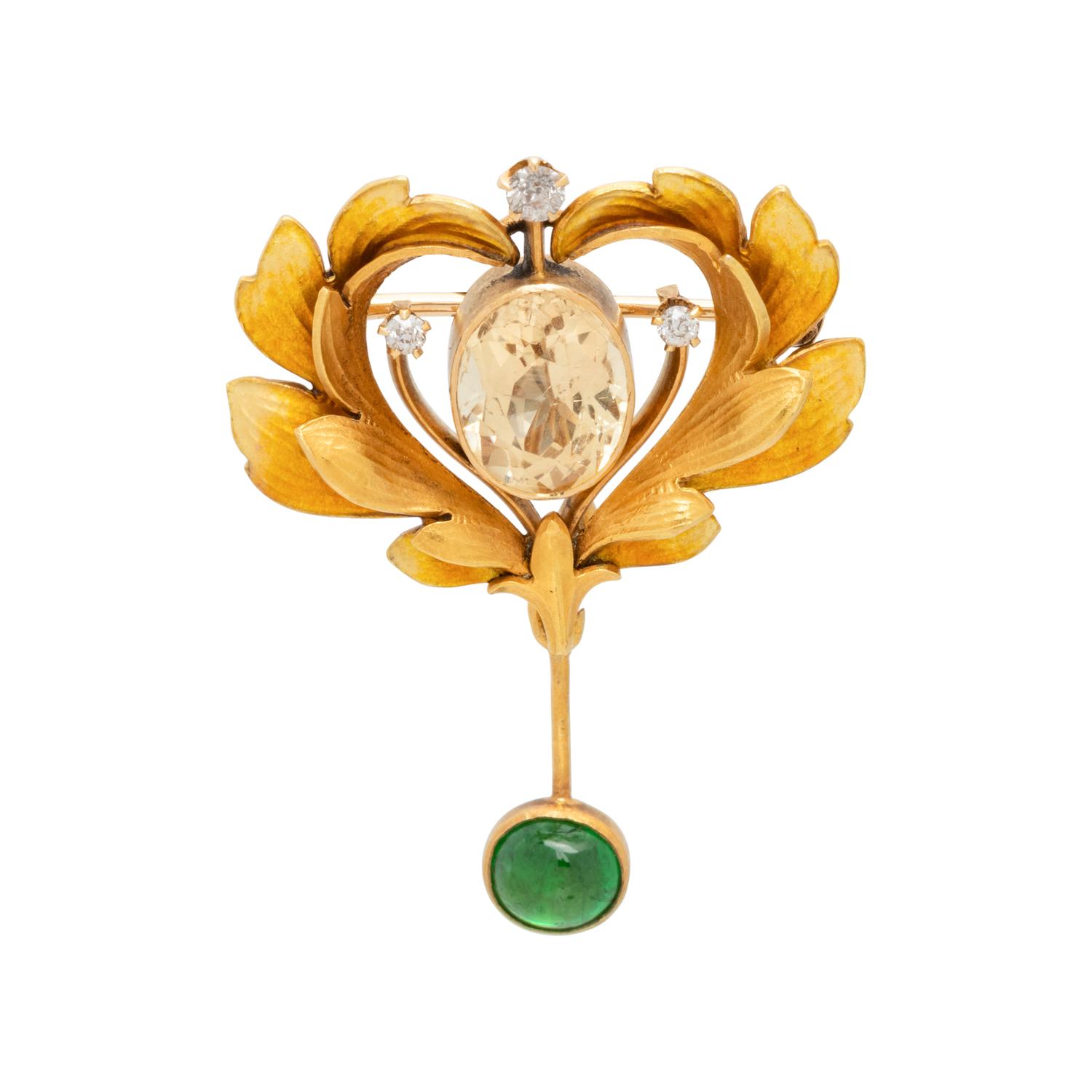 ART NOUVEAU, ENAMEL, GEMSTONE AND DIAMOND BROOCH