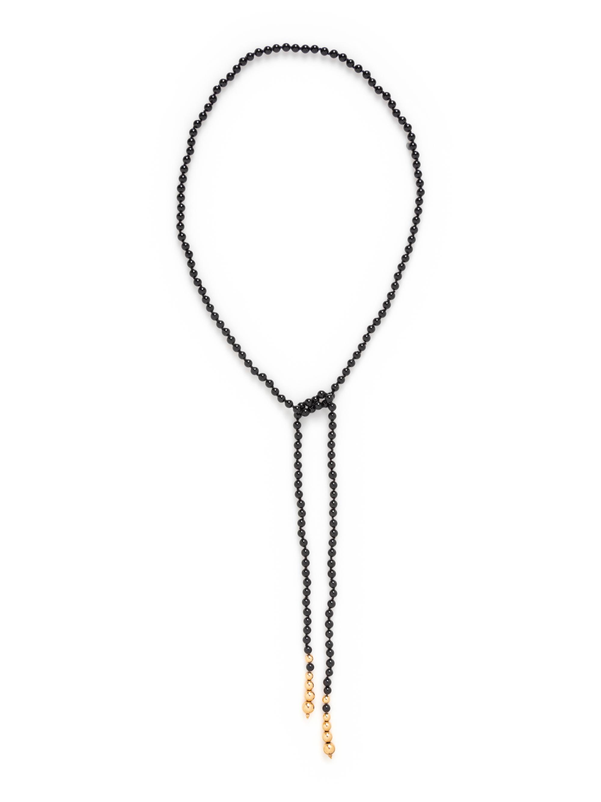 BLACK HARDSTONE AND YELLOW GOLD BEAD LARIAT NECKLACE