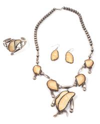 Fossilized Walrus Ivory and Silver Necklace, Earrings and Bracelet Length 24 inches