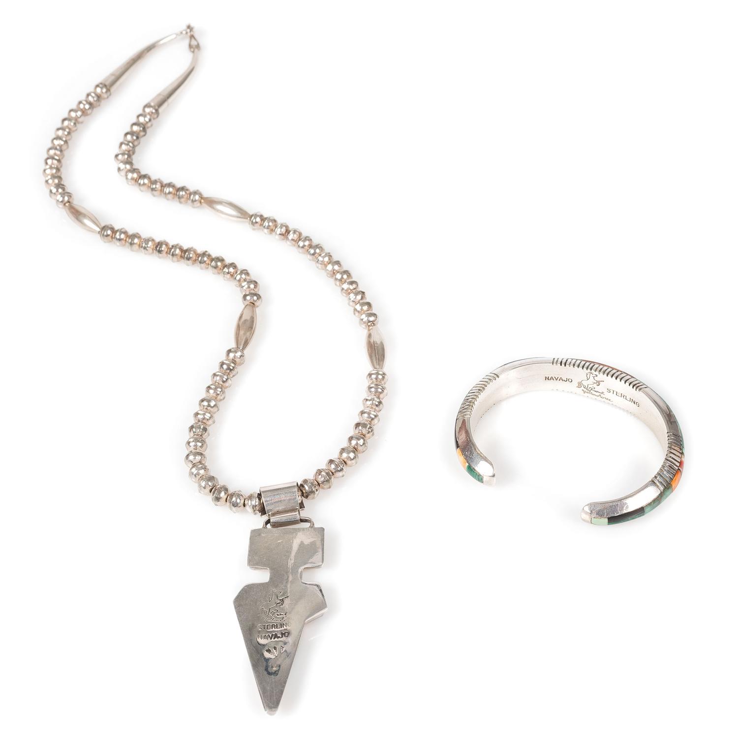 Matching Sterling Silver and Mosaic Inlay Cuff Bracelet and Figural Necklace