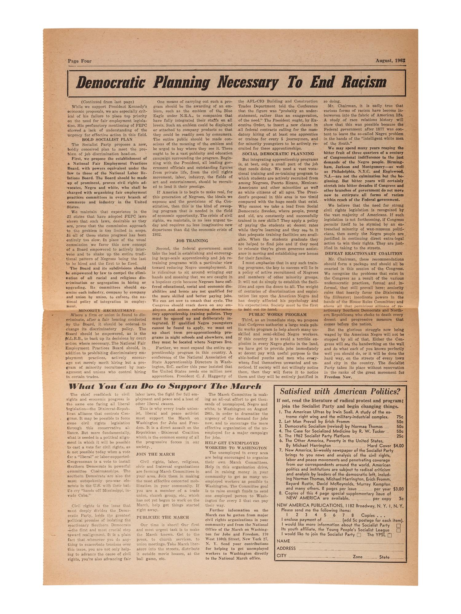 [AFRICAN AMERICANA - CIVIL RIGHTS]. Join the March on Washington for Jobs and Freedom! New York: Socialist Party, August 1963. Special Supplement, New America .