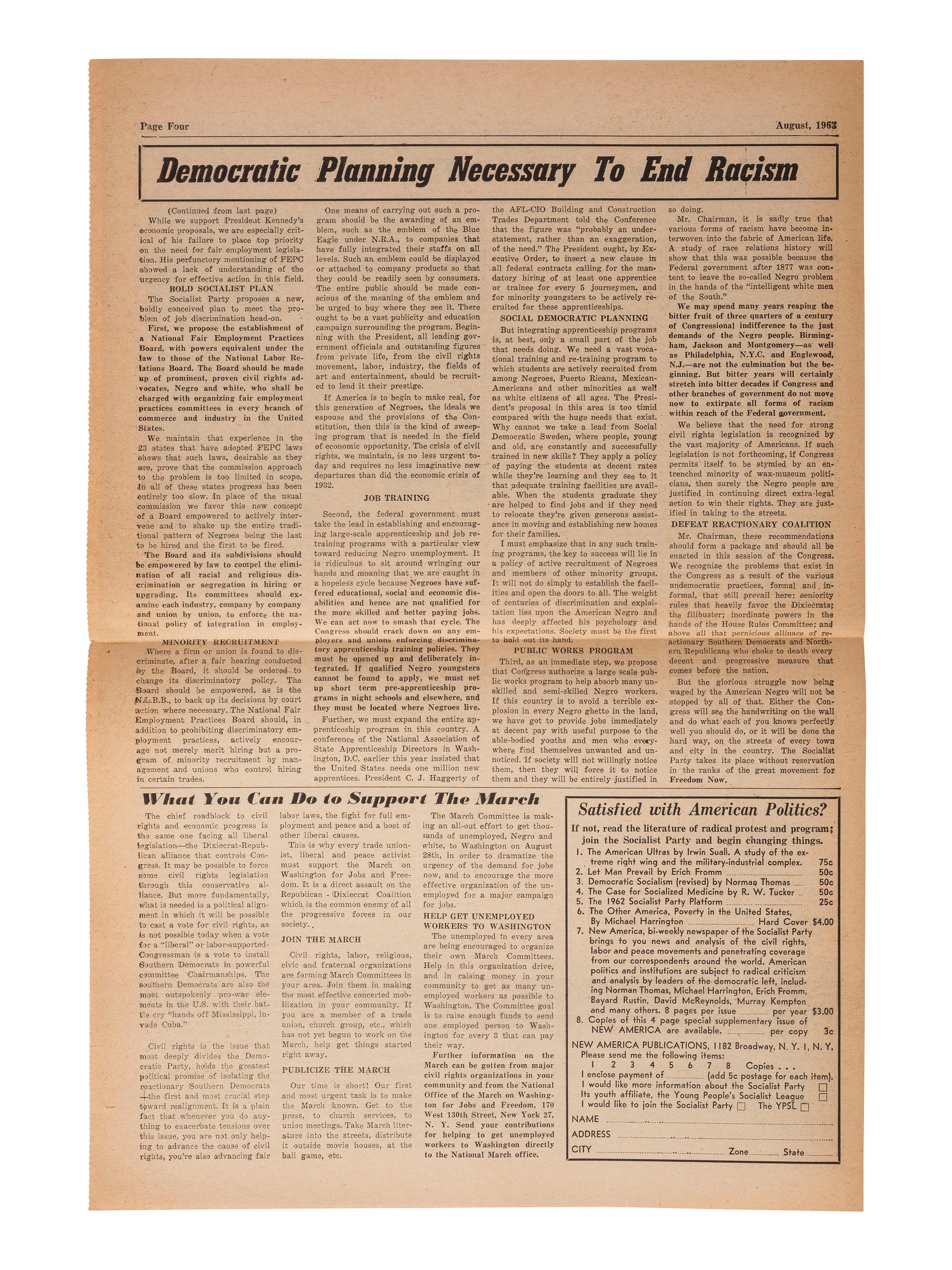 [AFRICAN AMERICANA - CIVIL RIGHTS]. Join the March on Washington for Jobs and Freedom! New York: Socialist Party, August 1963. Special Supplement, New America .