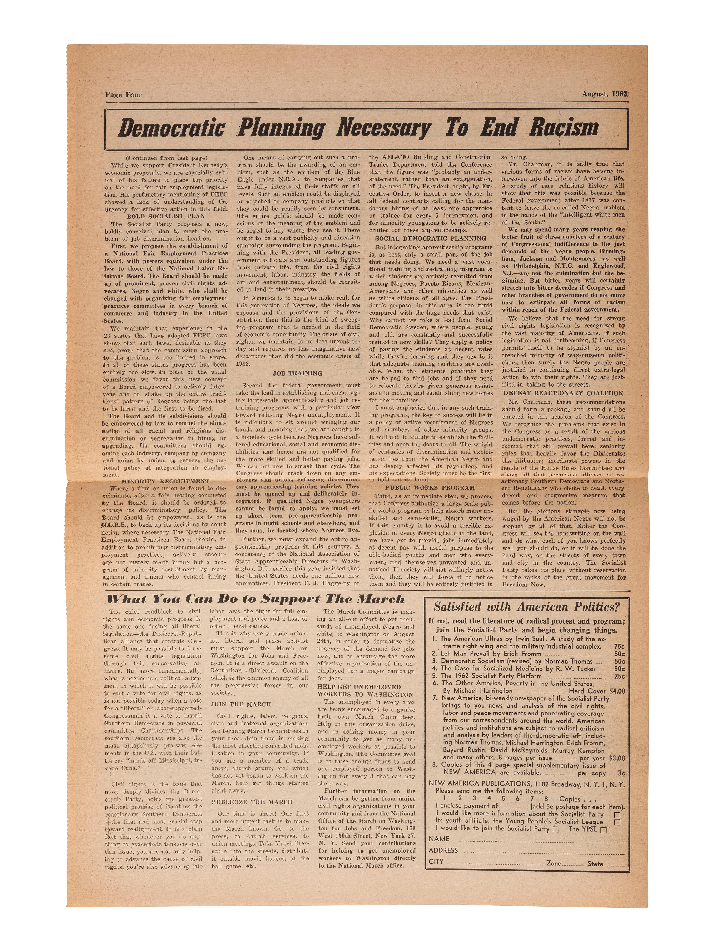 [AFRICAN AMERICANA - CIVIL RIGHTS]. Join the March on Washington for Jobs and Freedom! New York: Socialist Party, August 1963. Special Supplement, New America .