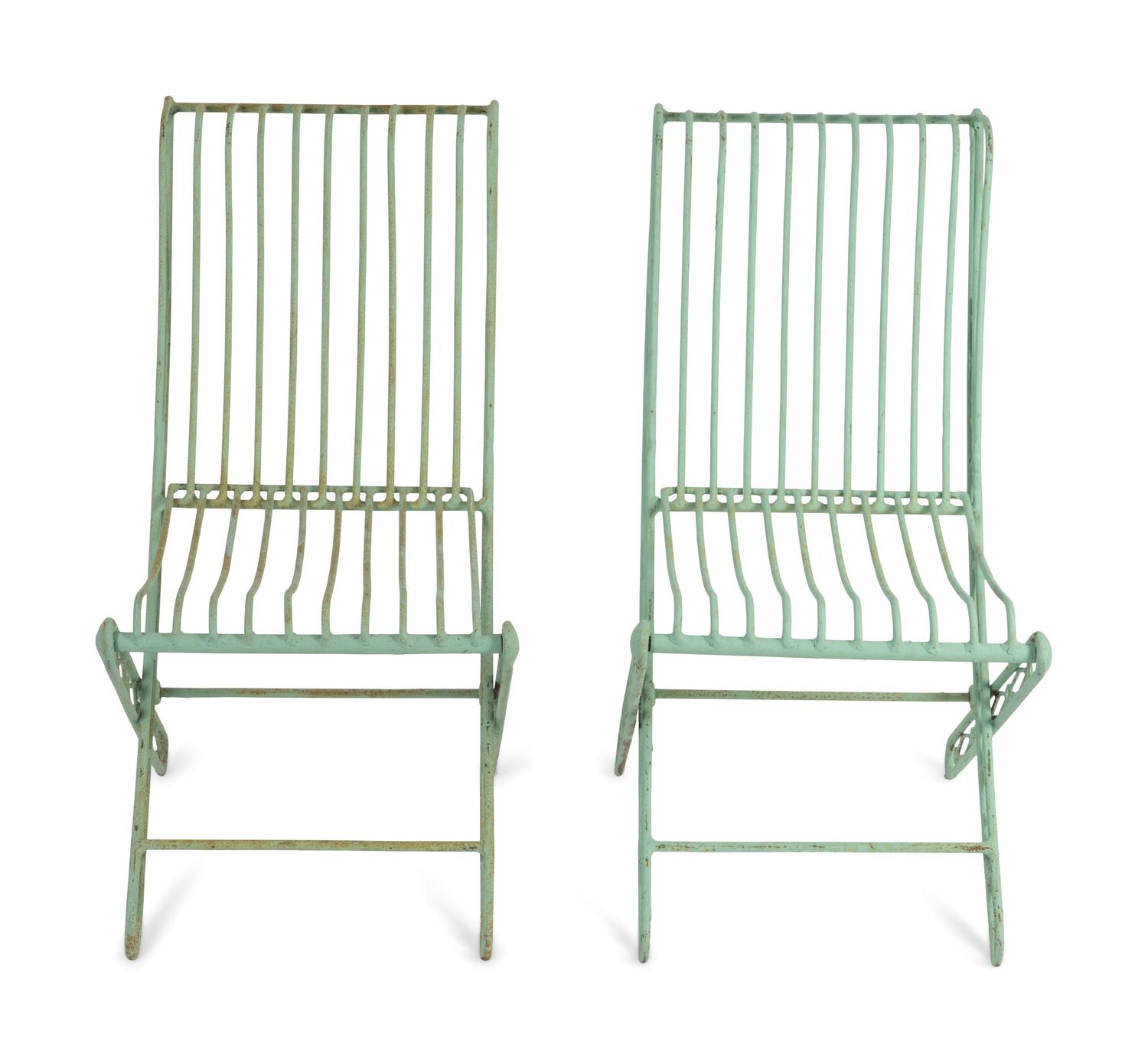 A Set of Four Green Painted Wrought Iron Folding Chairs and Two Folding Metal Armchairs — 20TH CENTURY