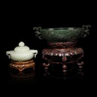 Two Chinese Jade Vessels, 20th Century 近代 碧玉雙耳洗及青白玉香爐