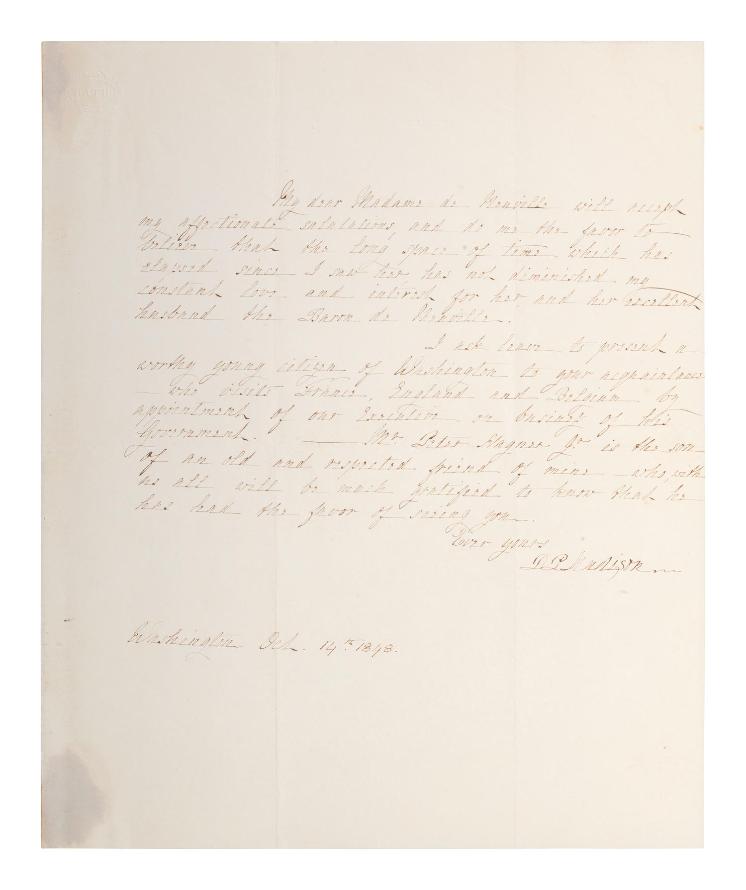 MADISON, Dolly (1768-1849). Autograph letter signed ("D.P. Madison"). Washington, [DC], 14 October 1848.