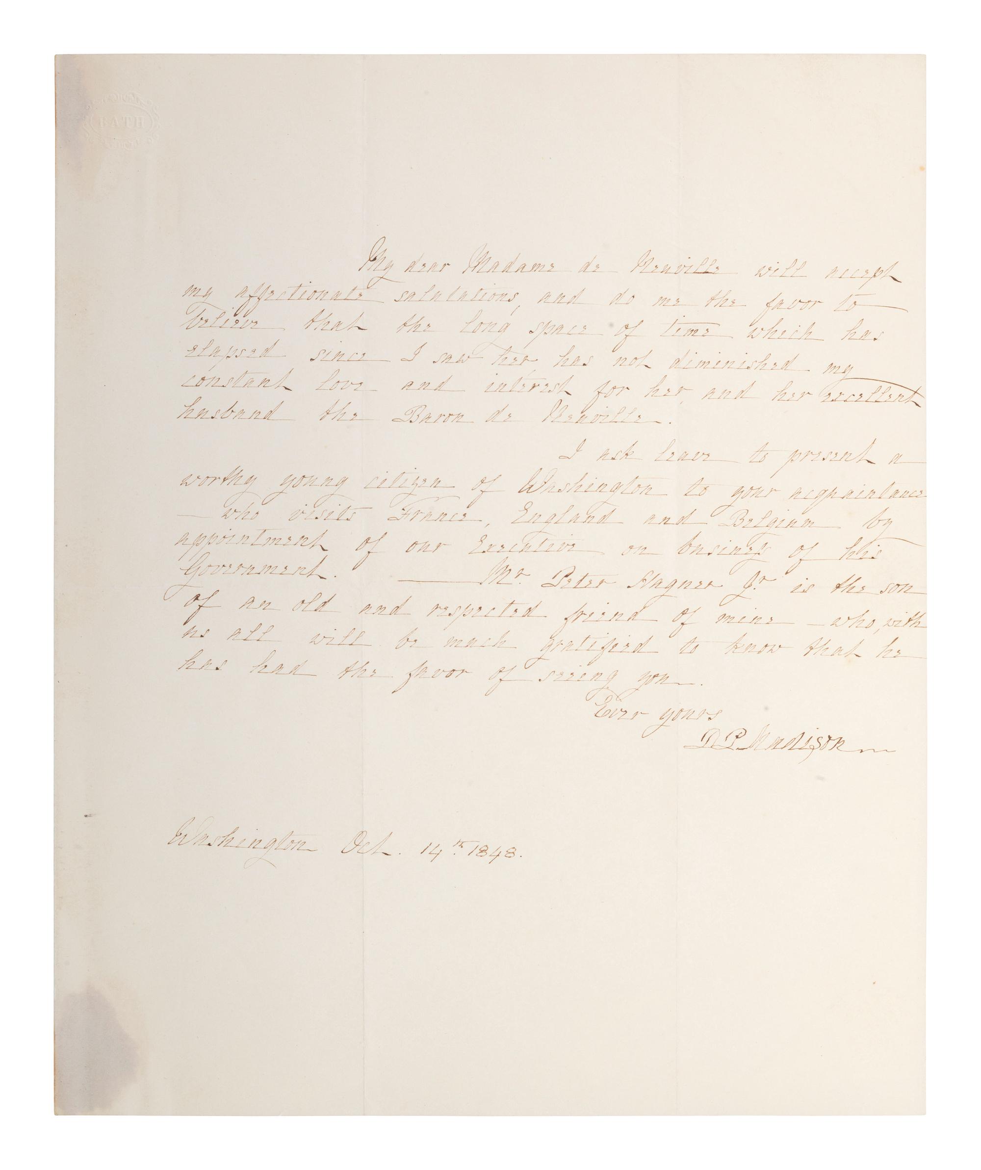 MADISON, Dolly (1768-1849). Autograph letter signed ("D.P. Madison"). Washington, [DC], 14 October 1848.