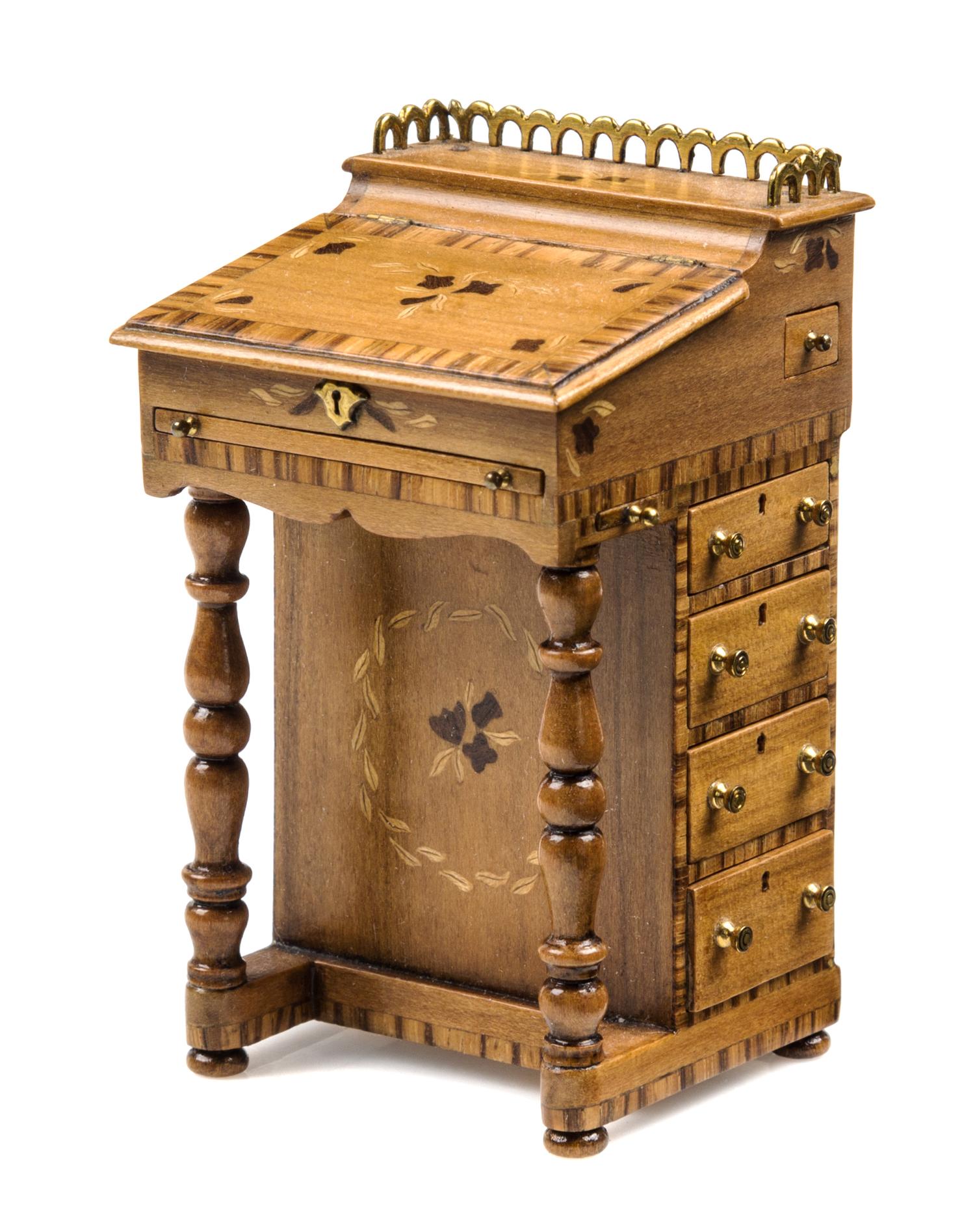 An Edwardian Style Brass Mounted Marquetry Davenport Desk Height 3 x width 1 3/4 x depth 1 3/4 inches. — John Davenport, 1982