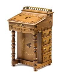 An Edwardian Style Brass Mounted Marquetry Davenport Desk Height 3 x width 1 3/4 x depth 1 3/4 inches. — John Davenport, 1982