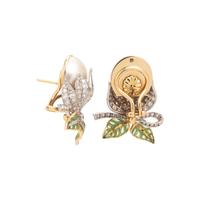 EVELYN CLOTHIER, DIAMOND, CULTURED MABE PEARL AND PLIQUE-À-JOUR ENAMEL EARCLIPS