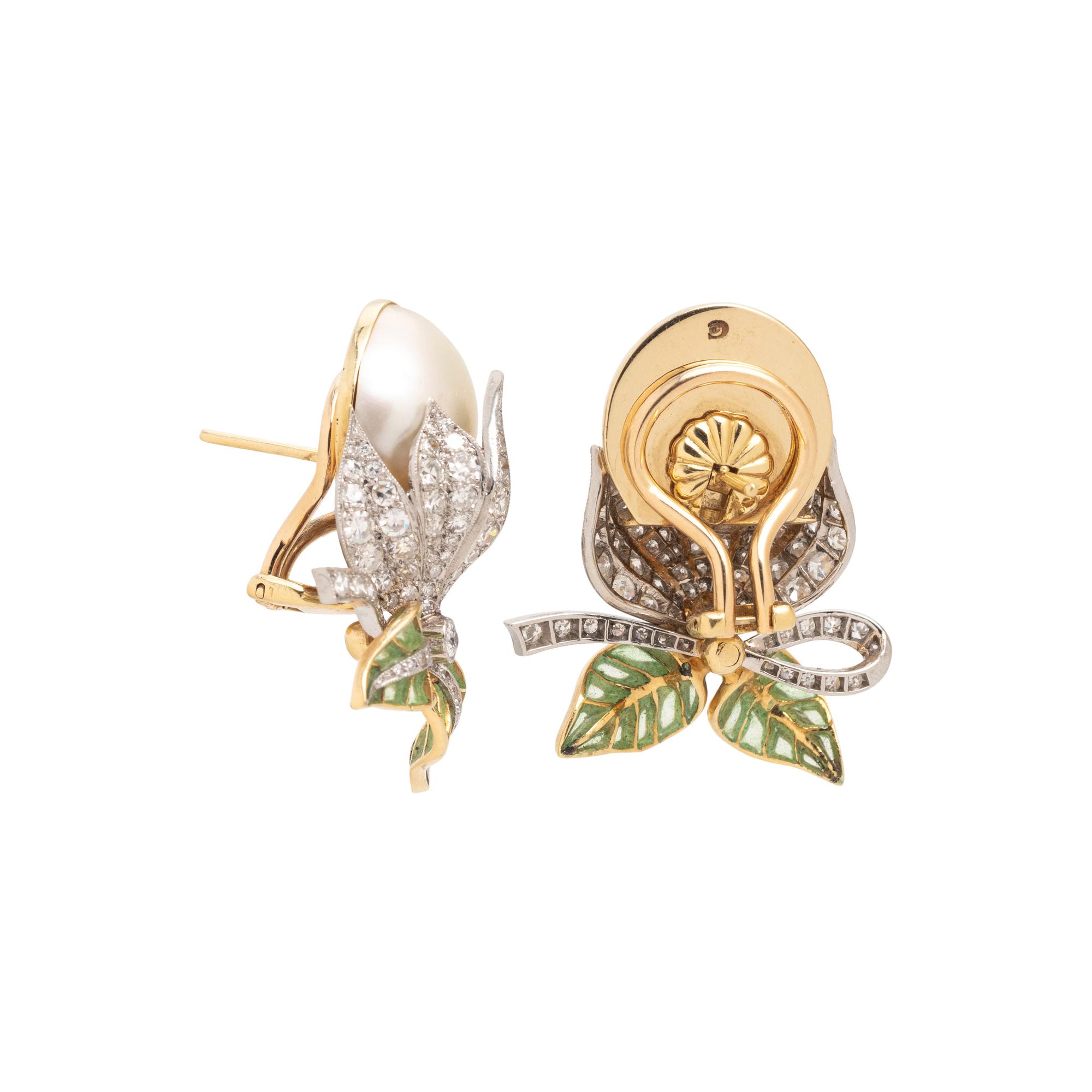EVELYN CLOTHIER, DIAMOND, CULTURED MABE PEARL AND PLIQUE-À-JOUR ENAMEL EARCLIPS
