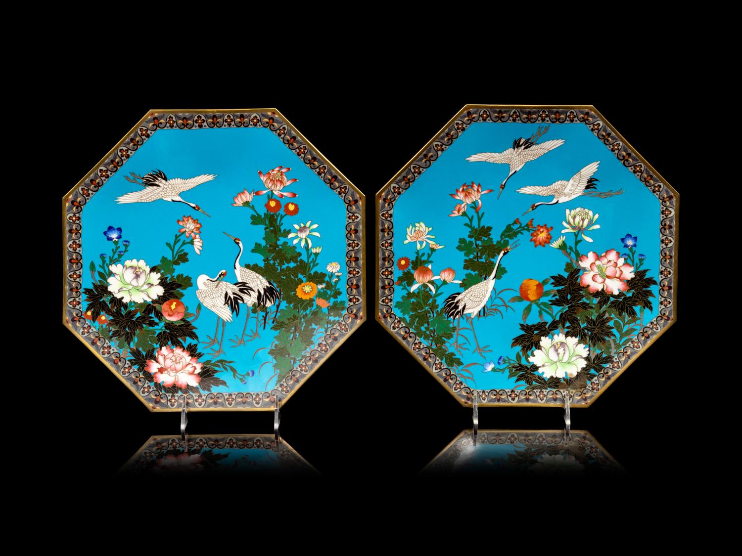 A Pair of Blue Ground Cloisonné Hexagonal Plates