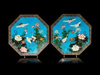 A Pair of Blue Ground Cloisonné Hexagonal Plates