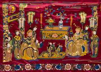 An Impressively Large Chinese Burgundy Ground Embroidered Silk 'Birthday' Wall Panel, Dated 1868 清同治七年（1868） 絳紅緞綉賀壽圖大挂屏