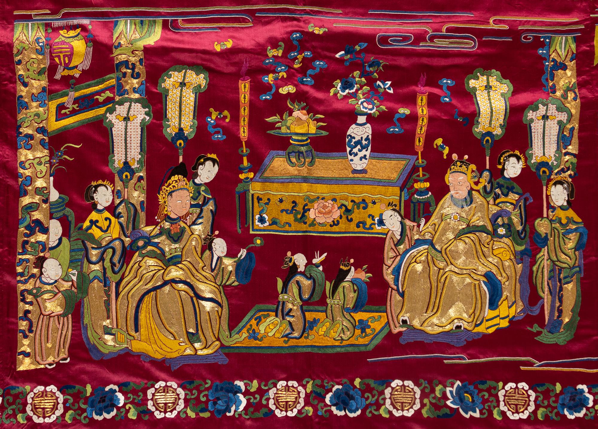 An Impressively Large Chinese Burgundy Ground Embroidered Silk 'Birthday' Wall Panel, Dated 1868 清同治七年（1868） 絳紅緞綉賀壽圖大挂屏