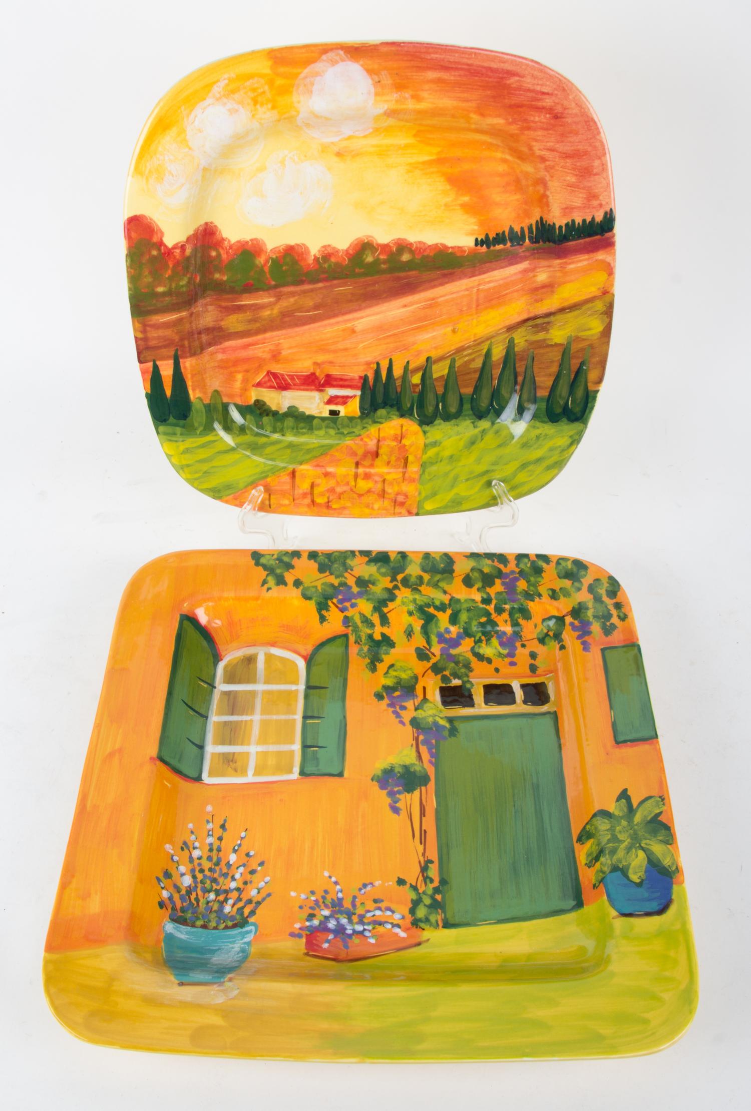 Two Italian Glazed Ceramic Platters 17 inches square.