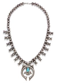 A Silver and Turquoise Squash Blossom Necklace, 150.70 dwts.