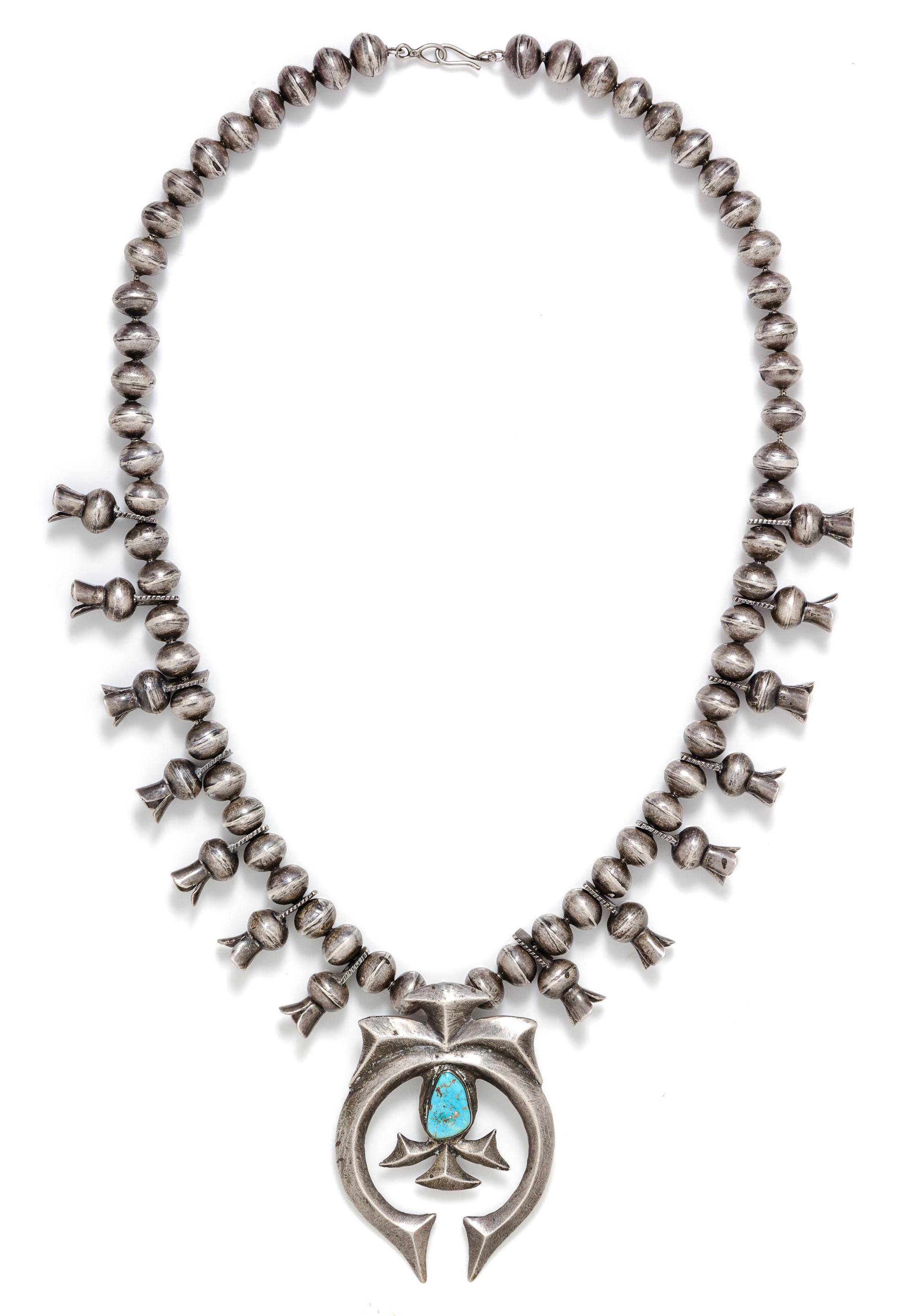 A Silver and Turquoise Squash Blossom Necklace, 150.70 dwts.