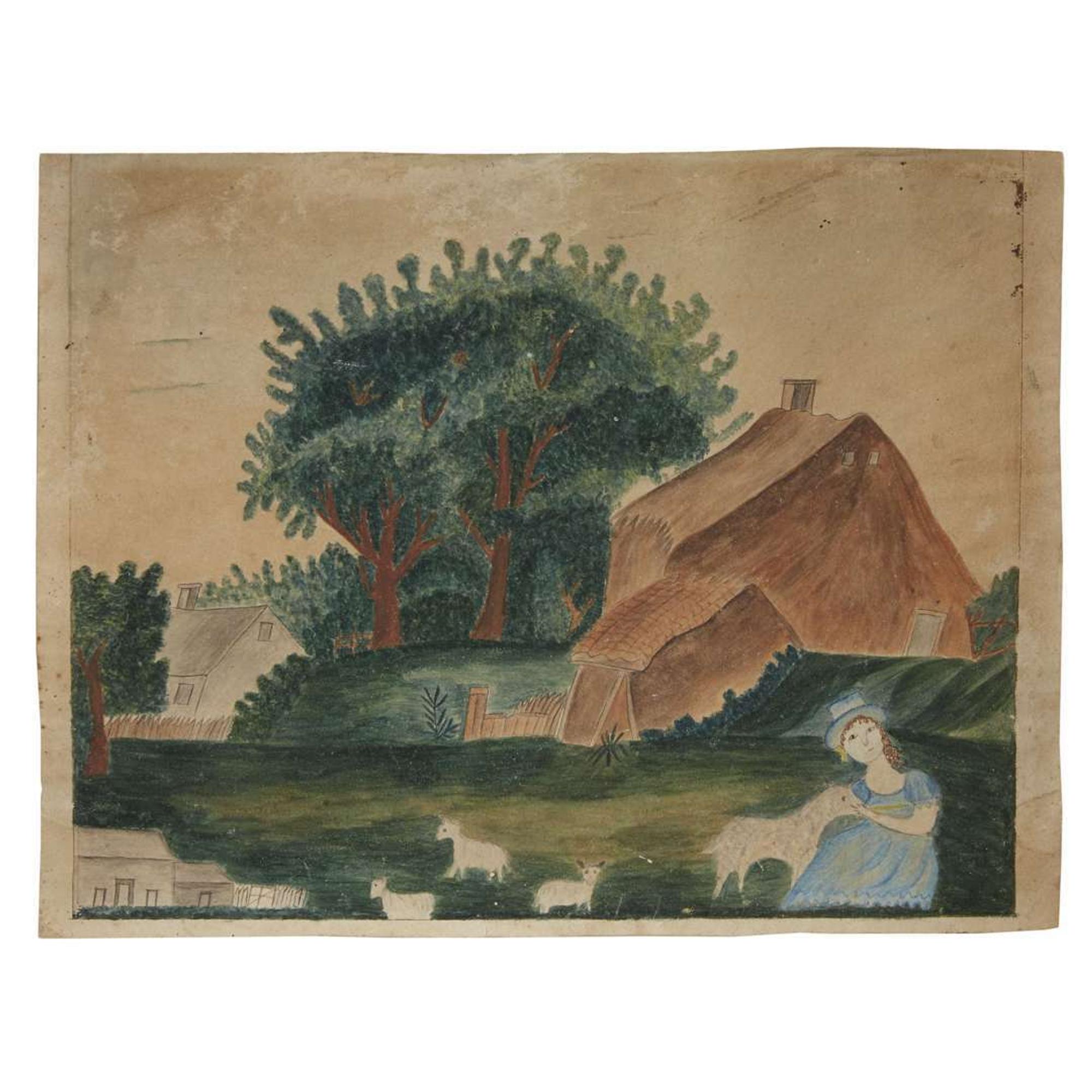 American School 19th century Two works: house portrait and bucolic scene with sheep and young girl