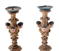 A Pair of Italian Baroque Gilt and Polychromed Pricket Sticks