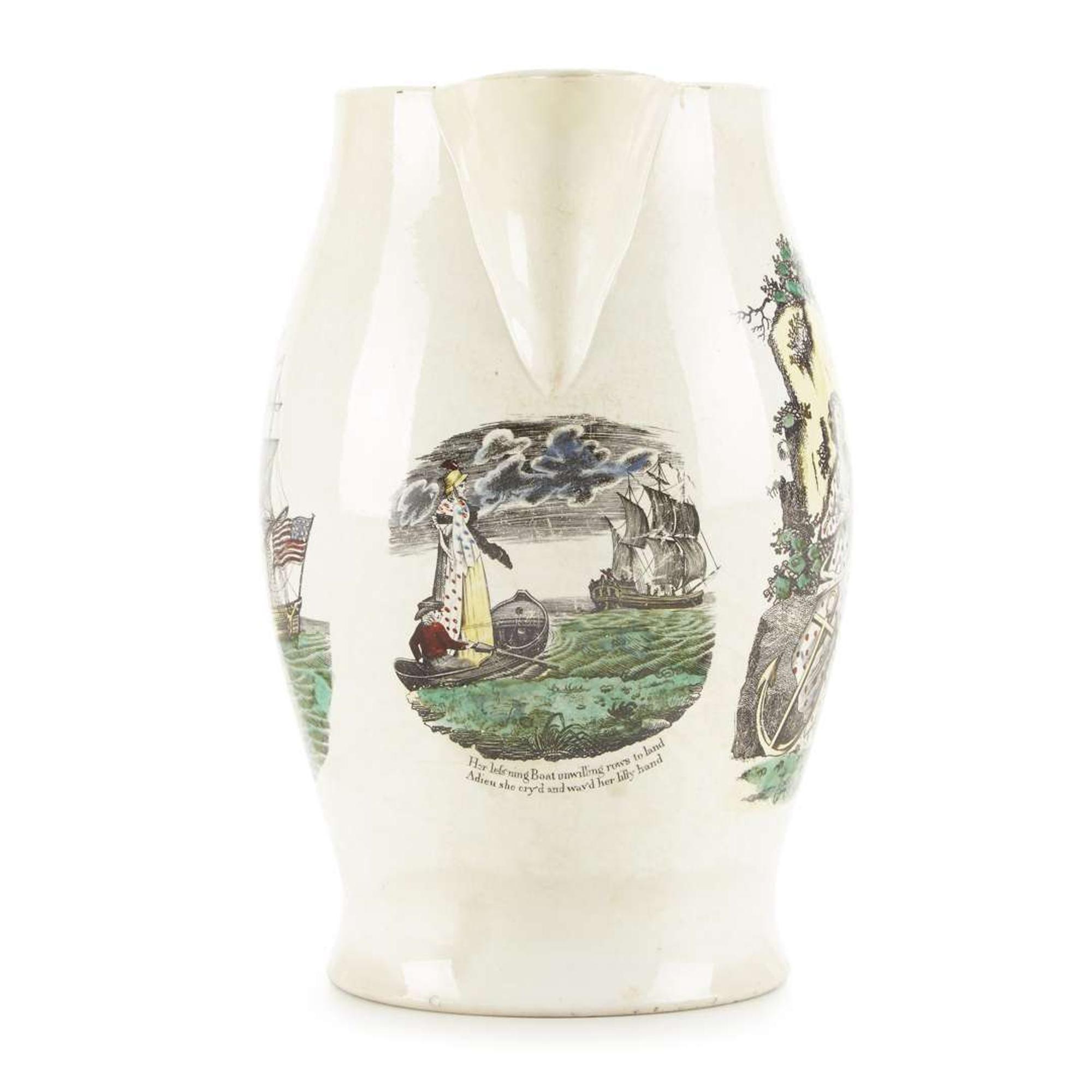 Large transfer-decorated and polychrome enameled creamware presentation jug Liverpool, England, circa 1800