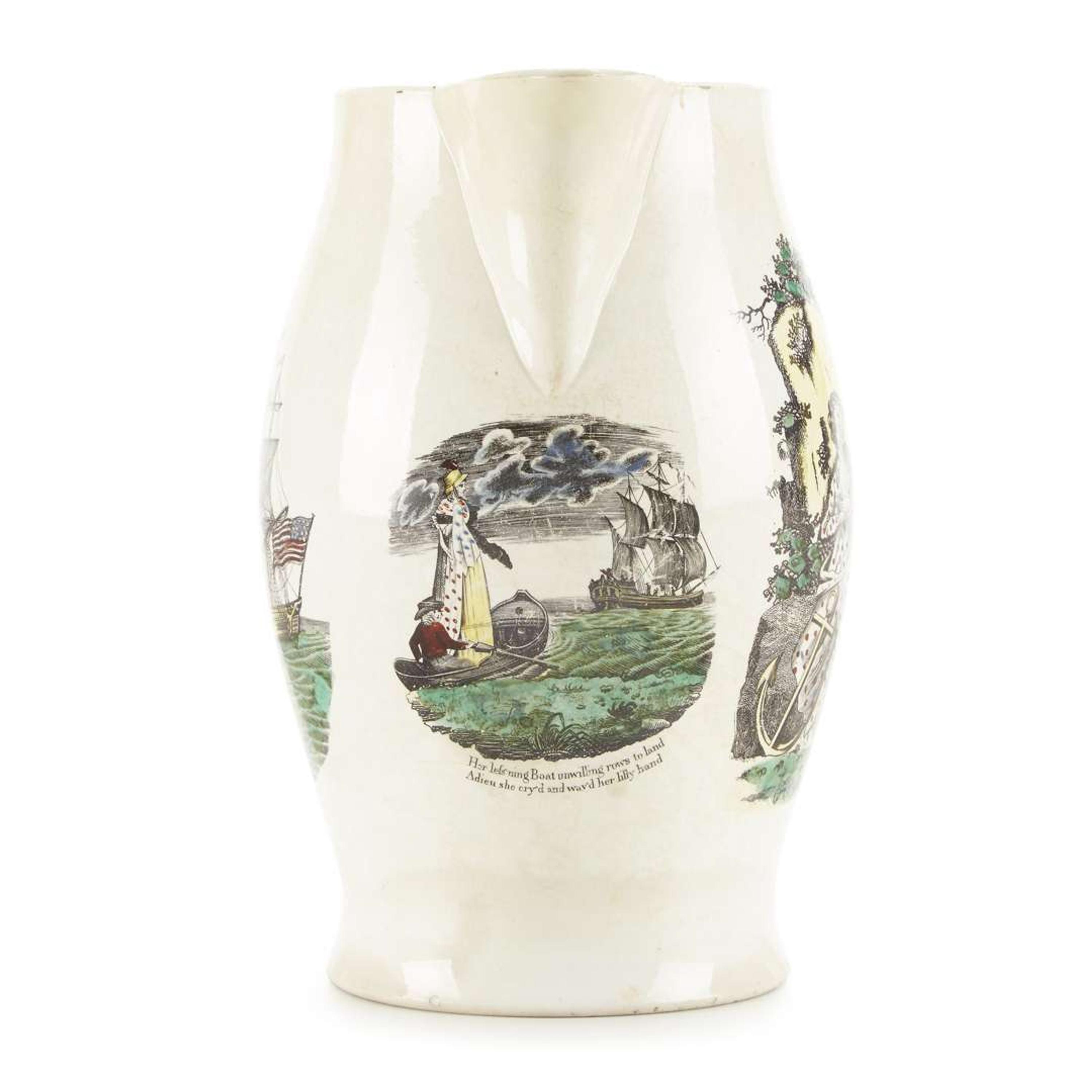 Large transfer-decorated and polychrome enameled creamware presentation jug Liverpool, England, circa 1800