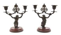A Pair of Neoclassical Bronze Two-Light Candelabra, Height 8 1/4 inches.