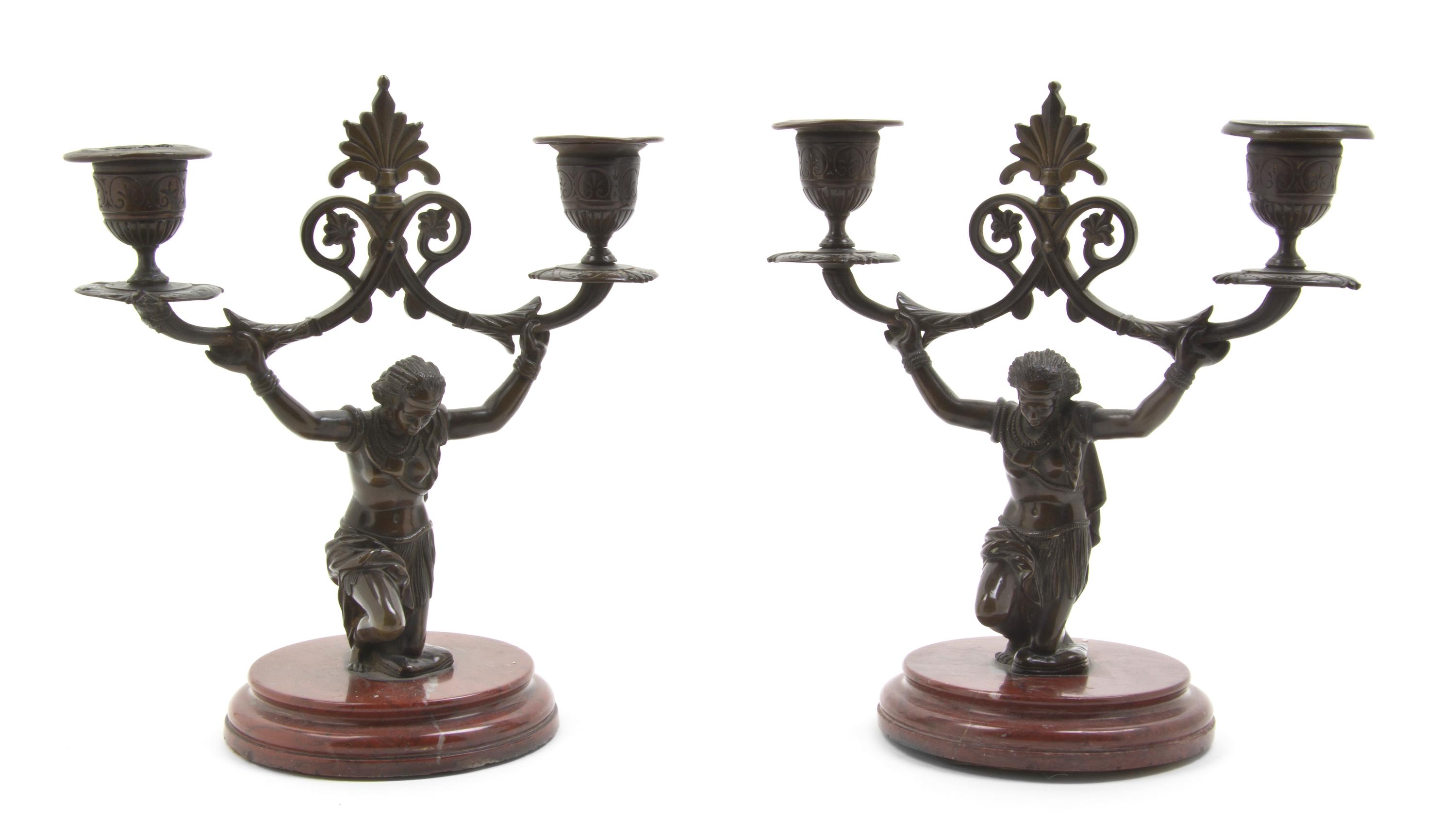 A Pair of Neoclassical Bronze Two-Light Candelabra, Height 8 1/4 inches.