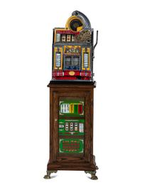 A 5 Cent Rol-A-Top Twin Jackpot Slot Machine on Reverse Printed Glass Inset Golden Nugget Stand