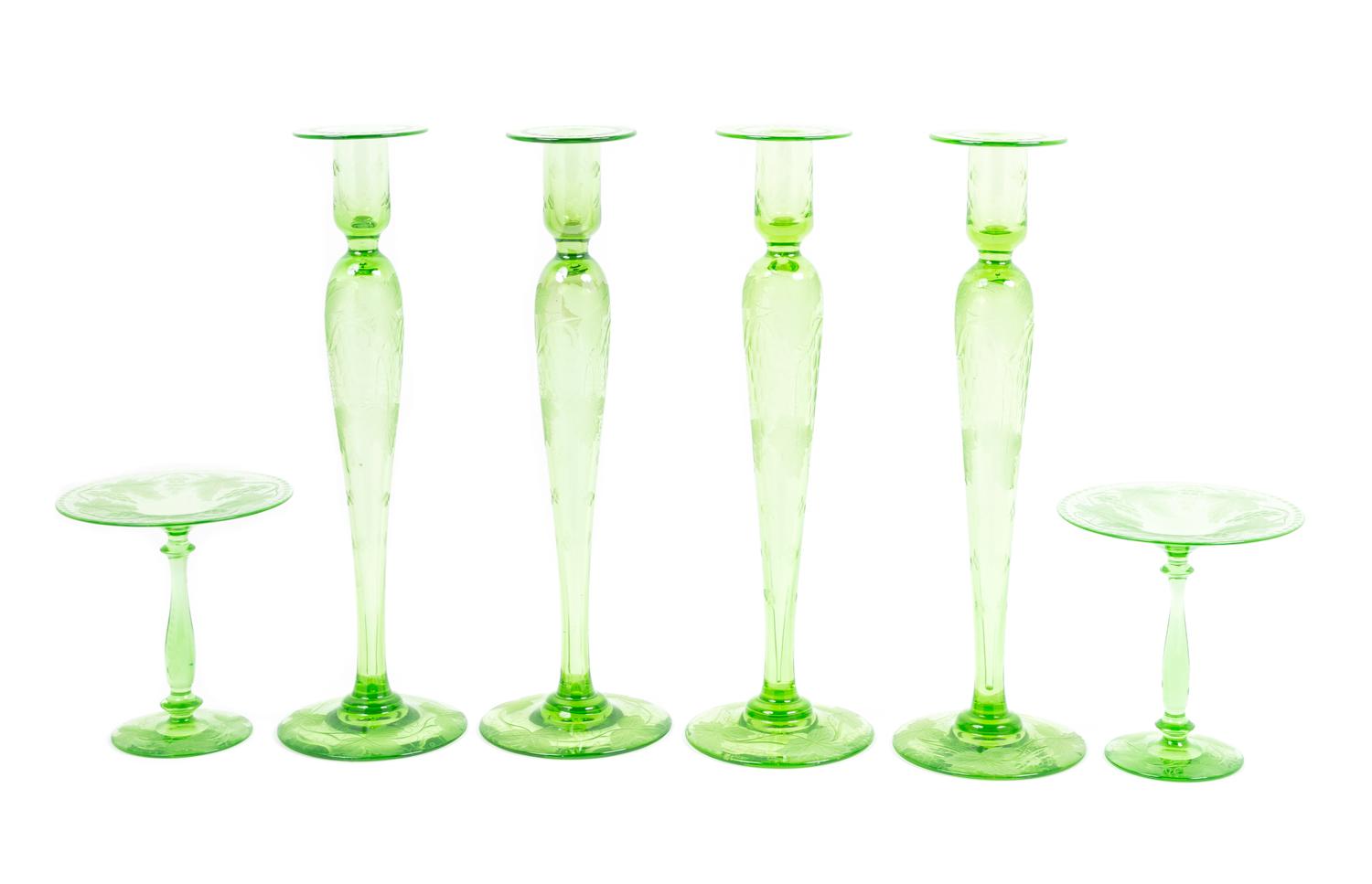A Group of Etched Glass Table Articles Height of candlestick 16 inches. — 20TH CENTURY