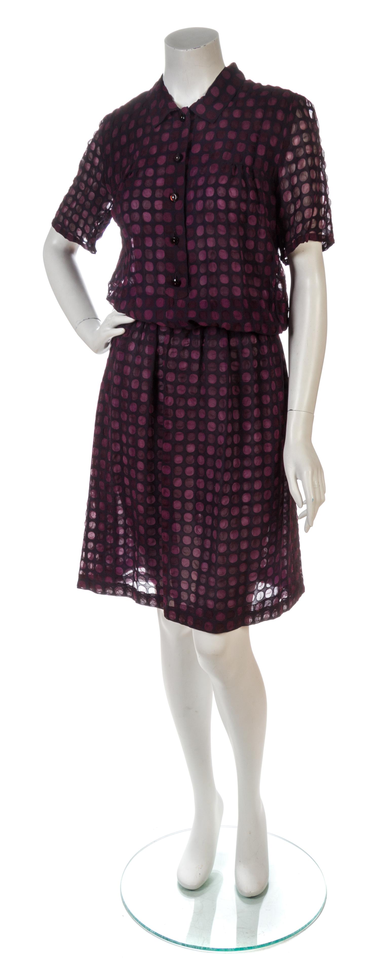A Chanel Bordeaux Polka Print Sheer Silk Chiffon Shirt Dress, Size 44.