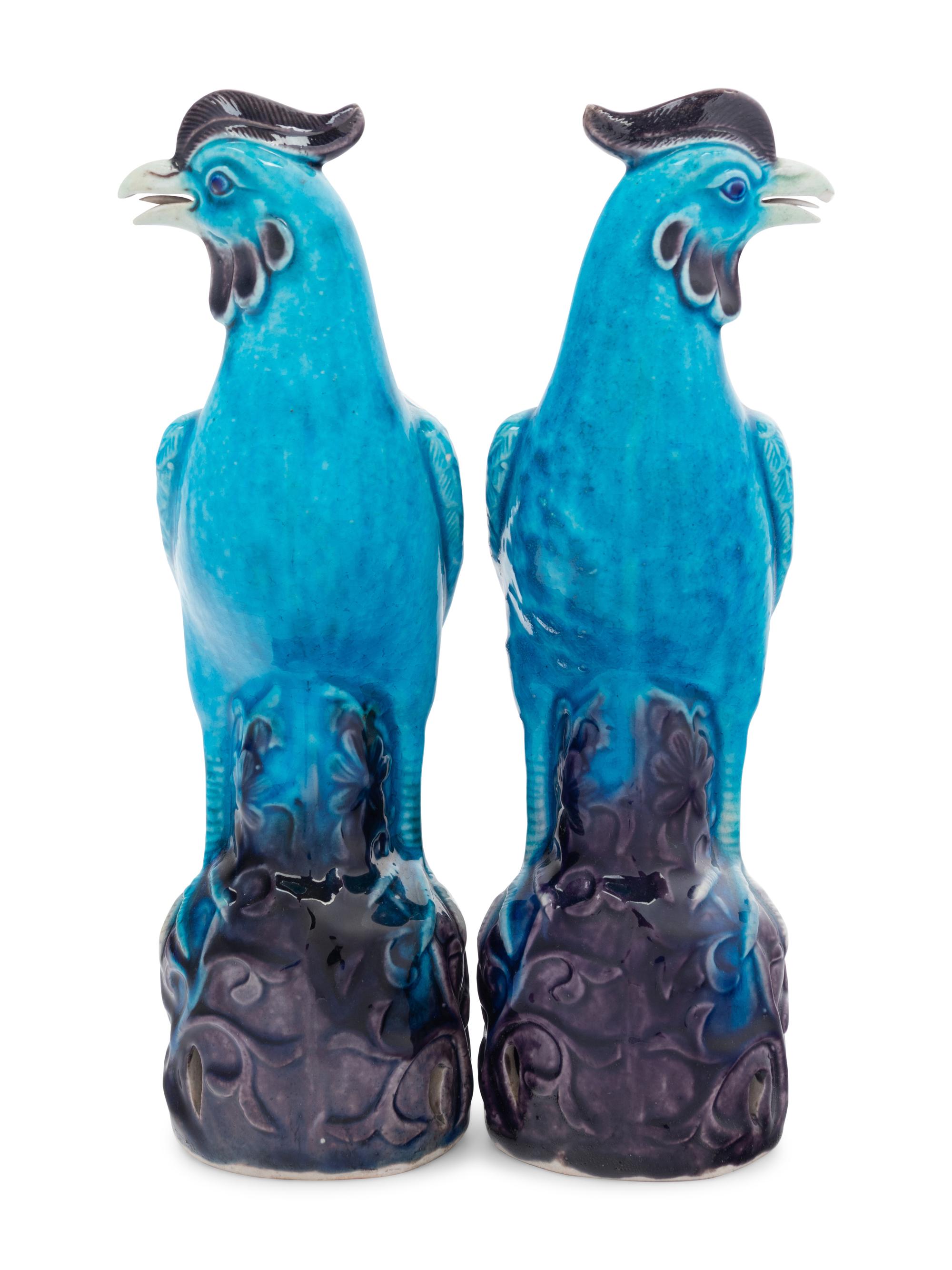 A Pair of Chinese Export Turquoise and Purple Glazed Porcelain Roosters