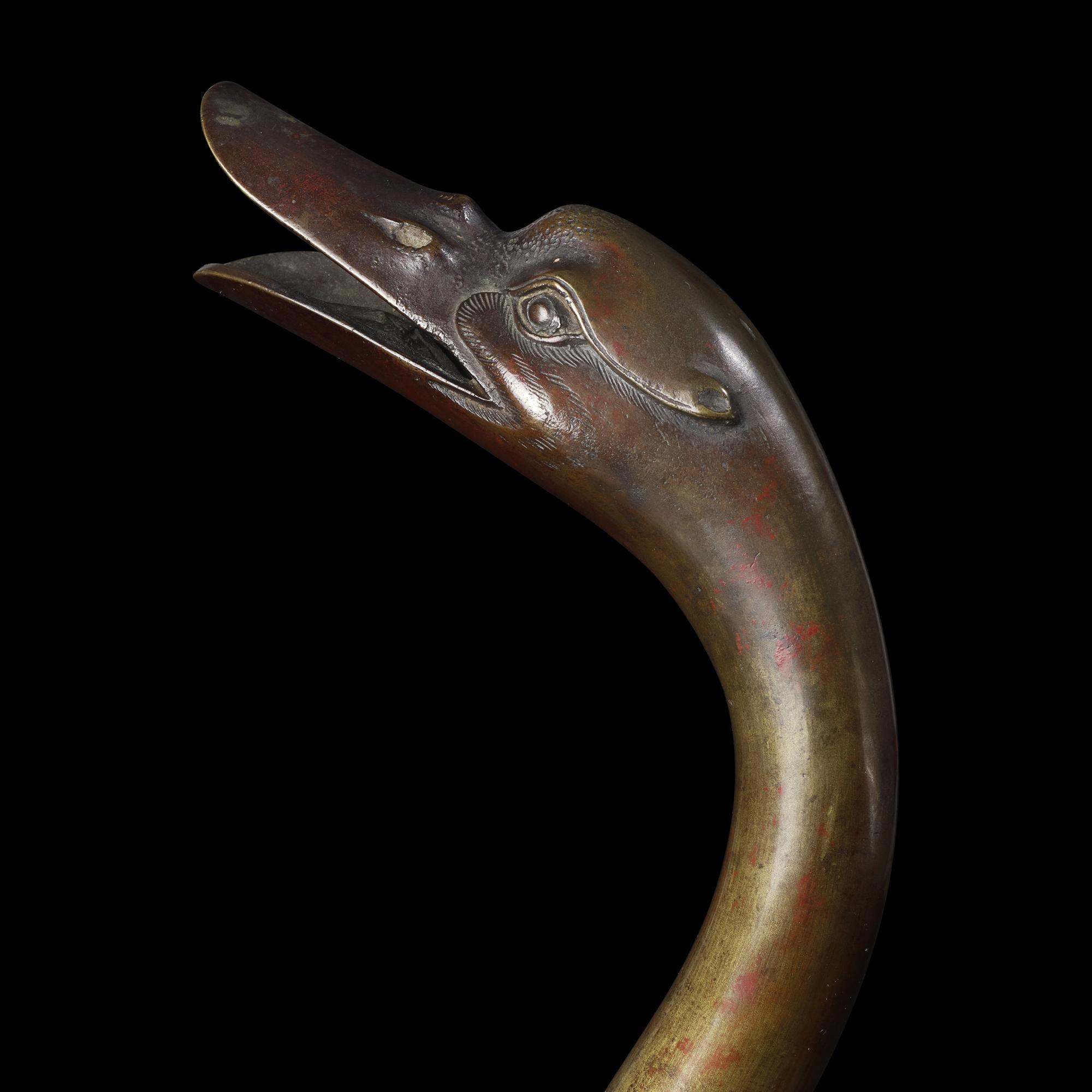 A Patinated Bronze Archaistic "Goose" Covered Censer, 18th/19th Century or Earlier 清中期或更早 仿古銅鳧香薰