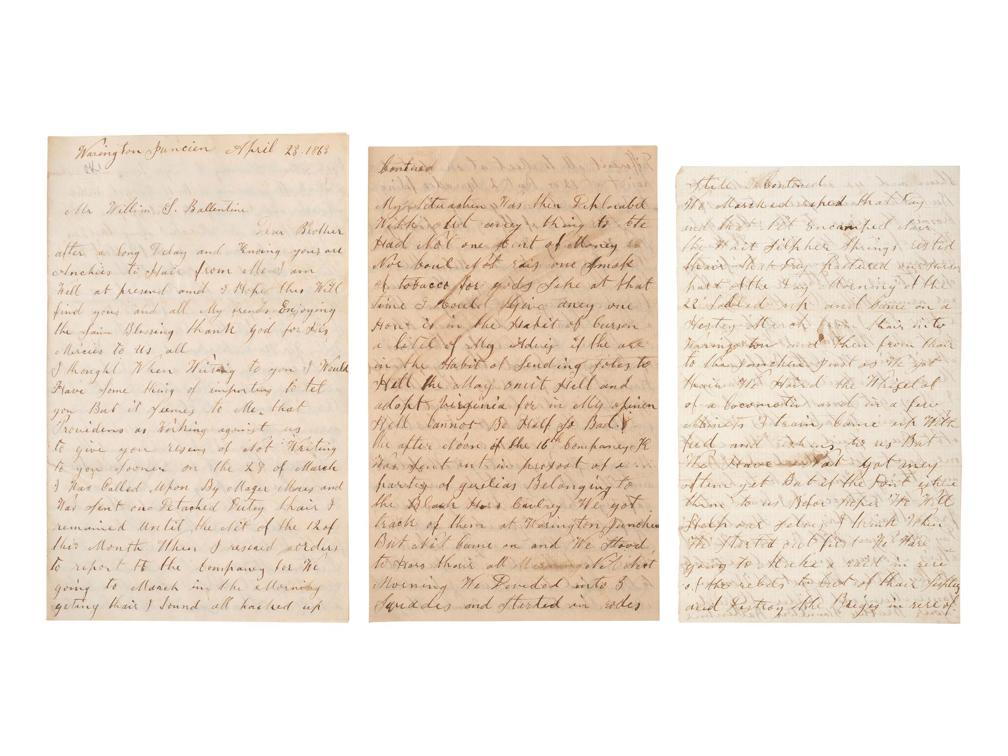 [CIVIL WAR]. Manuscript archive of Sergeant Hamilton Ballentine (1833-1920), Co. K, 6th Pennsylvania Cavalry, "Rush's Lancers," featuring battle content from key engagements and descriptions of "Sheridan's Raiders."