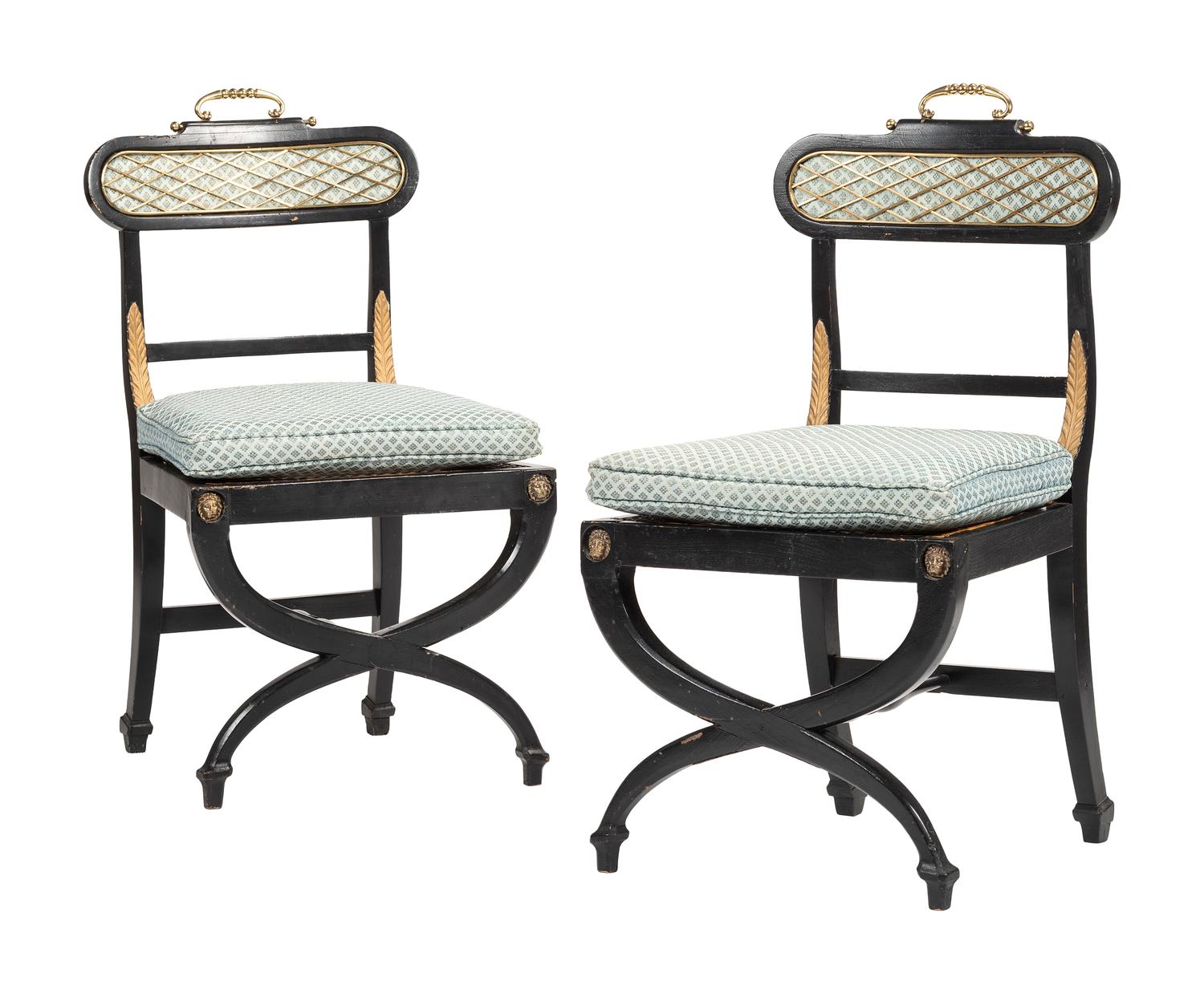 A Pair of Neoclassical Style Ebonized Curule Side Chairs