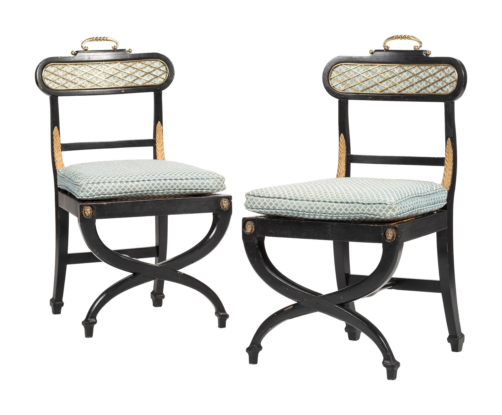 A Pair of Neoclassical Style Ebonized Curule Side Chairs