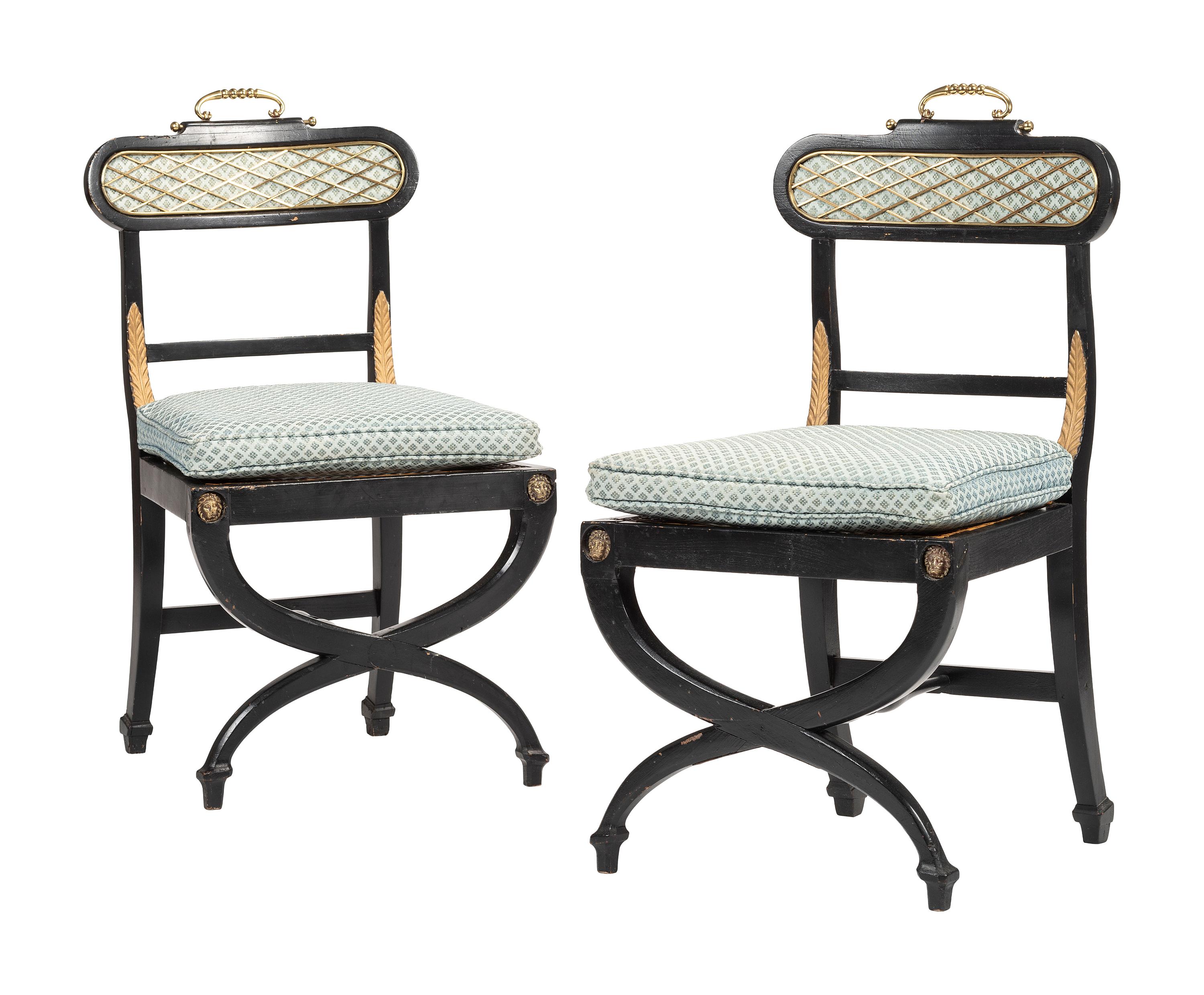 A Pair of Neoclassical Style Ebonized Curule Side Chairs