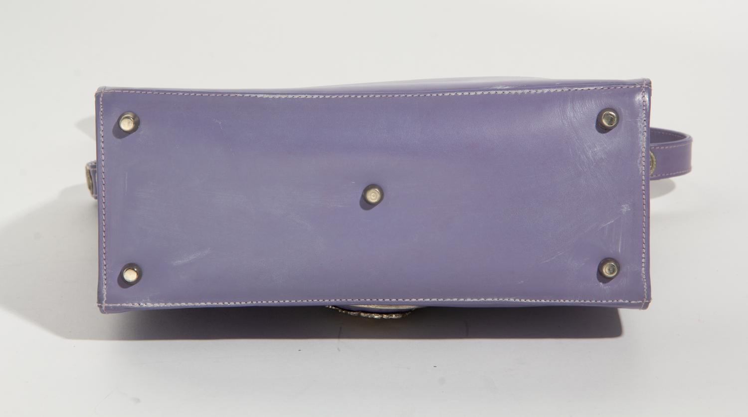 A Gianni Versace Purple Leather Safety Pin Shoulder Bag, 10" x 9.5" x 4"; Strap drop: 11-16".