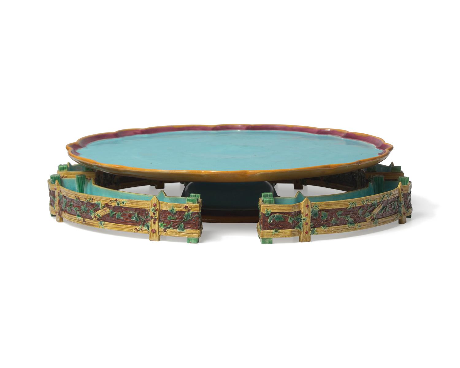 A Mintons Majolica Lazy Susan Together with a Set of Four Miniature English Majolica Planters