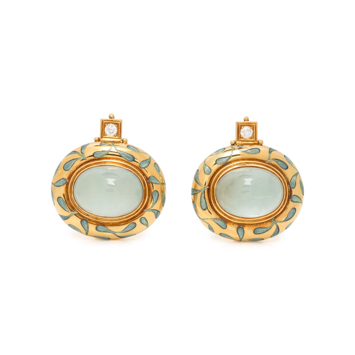 ELIZABETH GAGE, AQUAMARINE, ENAMEL, AND DIAMOND CLIP EARRINGS